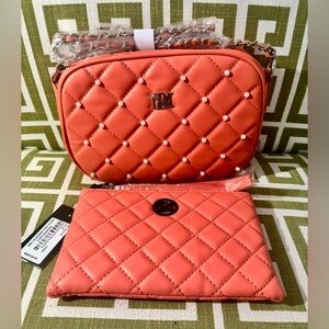 NEW! BADGLEY MISCHKA Coral Vegan Studded Quilted Camera Bag & Wristlet Clutch